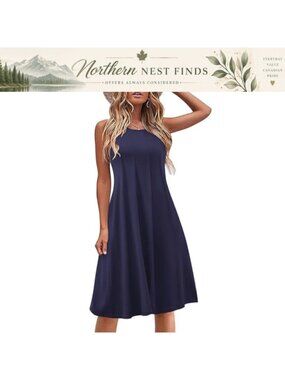 Women's Sleeveless Midi Swing Tank Dress Pleated T-Shirt Sundress with Pockets